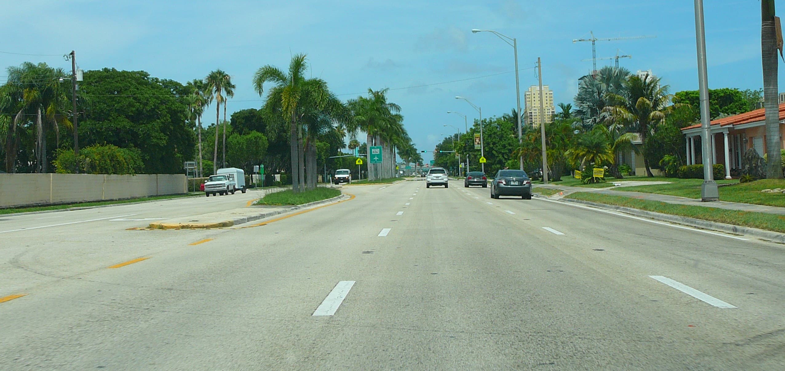 Kendall Drive lined with palm trees near Dadeland in Miami-Dade County