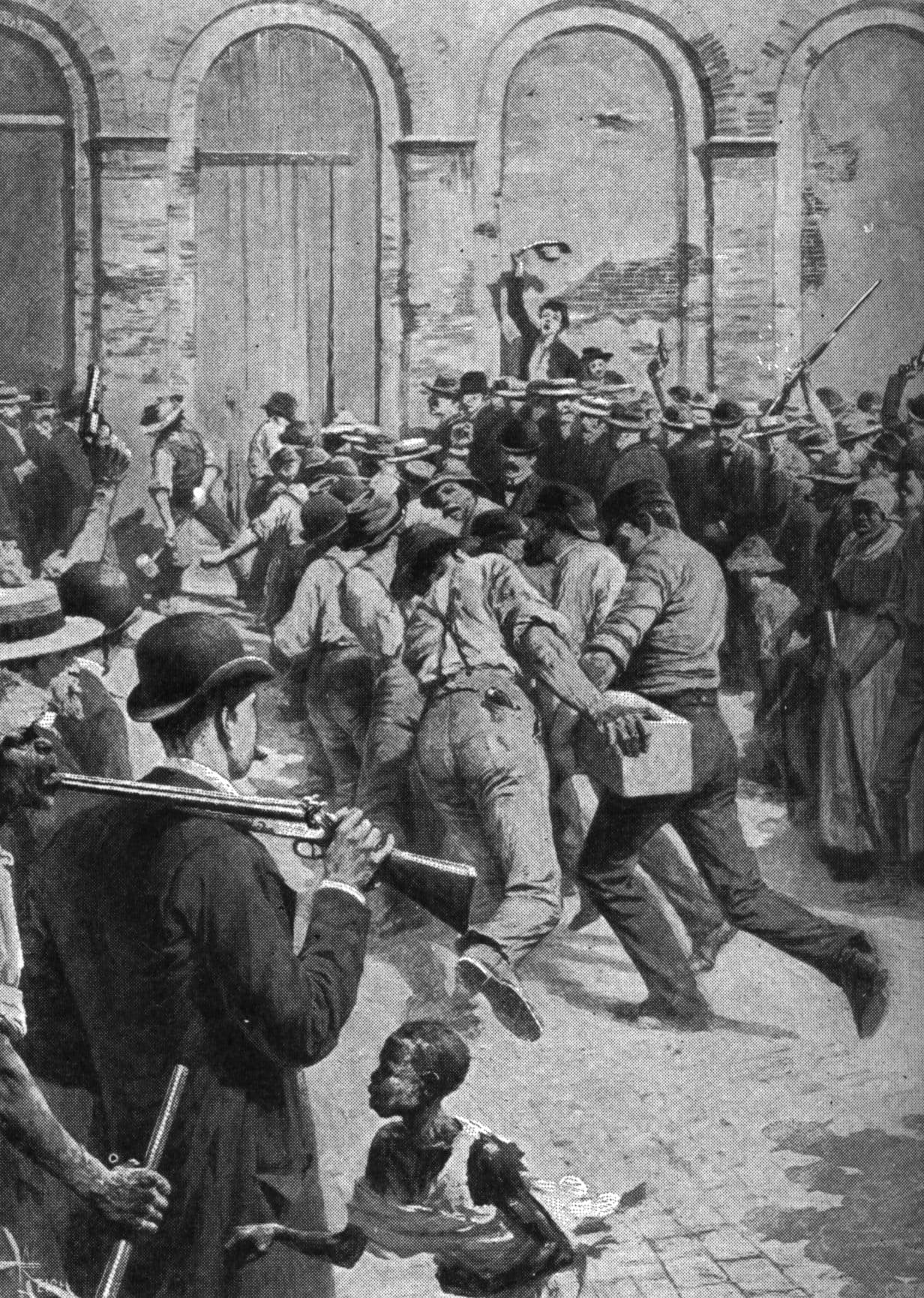 19th-century illustration of a mob storming the Parish Prison in New Orleans in 1891